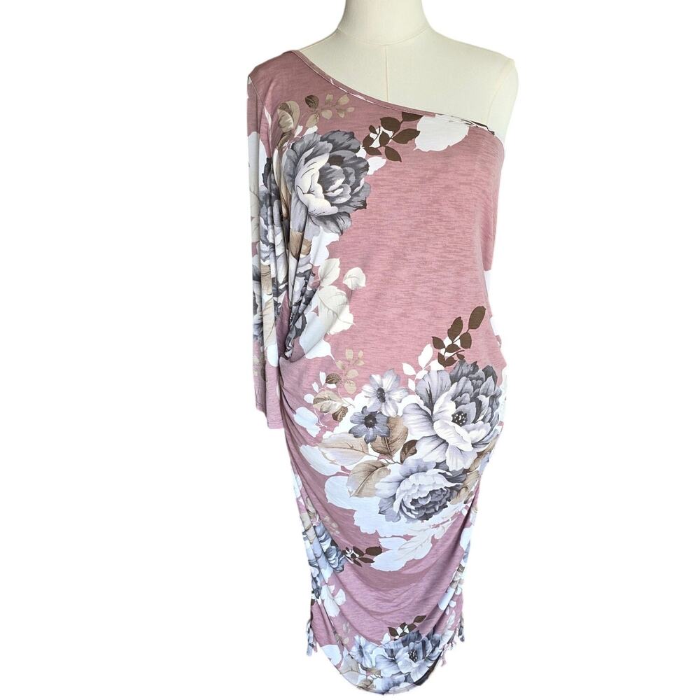 Plus Size 3X Floral One Shoulder Ruched Midi Dress Mauve Pink Adjustable Length
